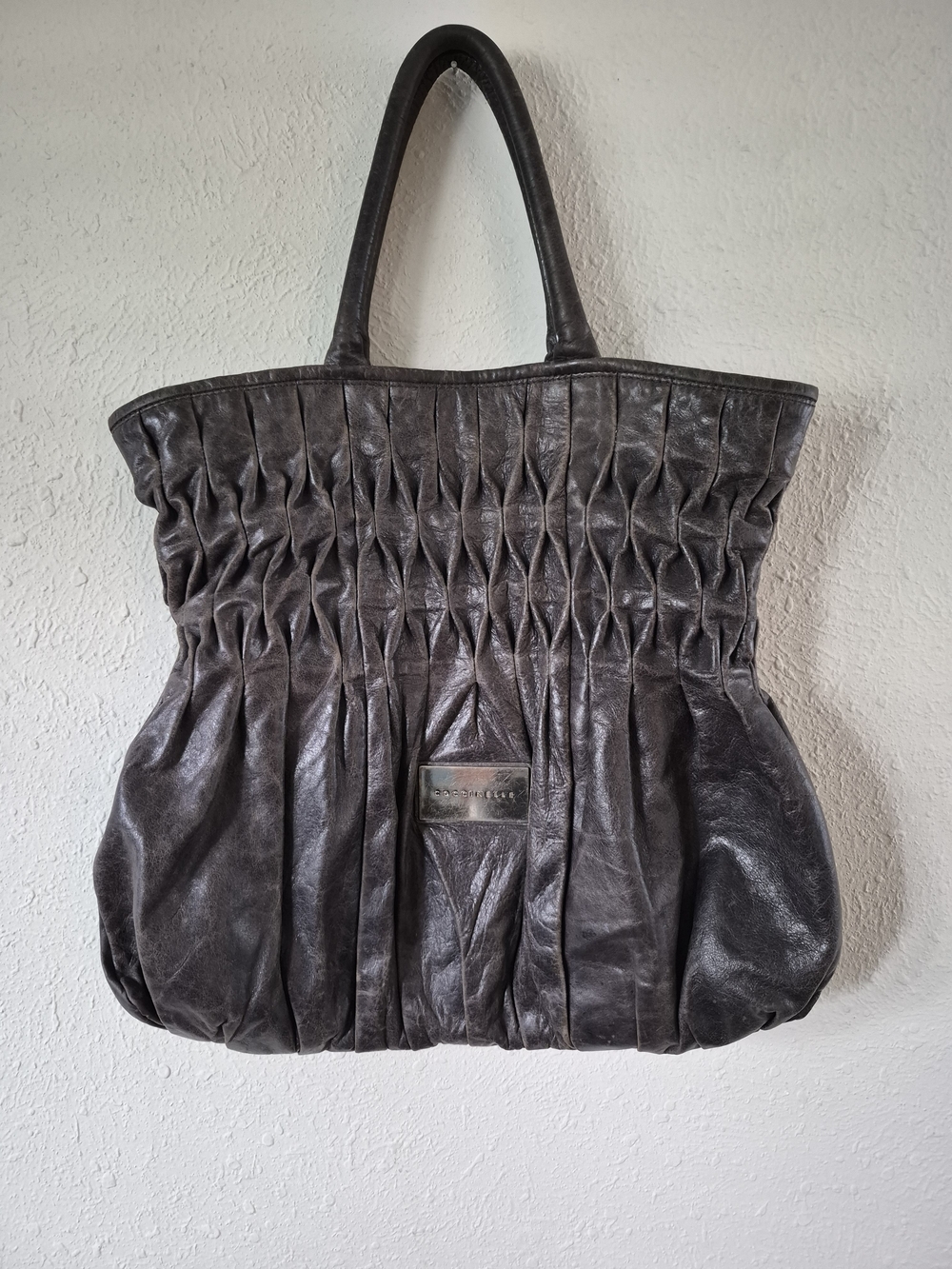 Coccinelle "Goodie Bag" Leather Pleated Tote Bag Dark Grey